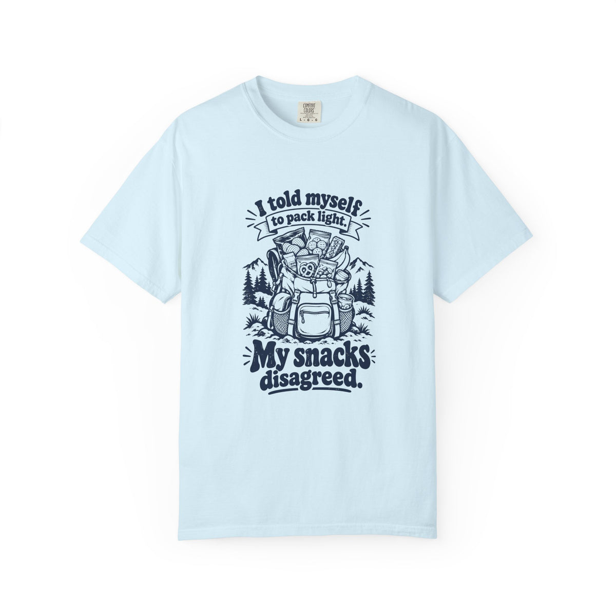 Pack Light – Funny Outdoor Escapes T-Shirt – Chambray – Bad Advice Club product mockup