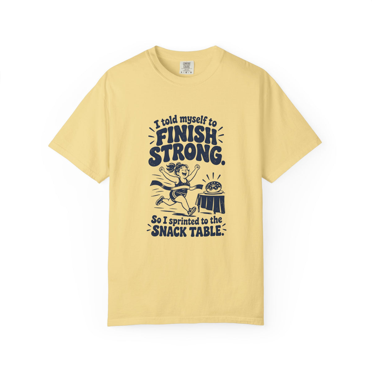 Finish Strong – Funny Running T-Shirt – Butter – Bad Advice Club product mockup