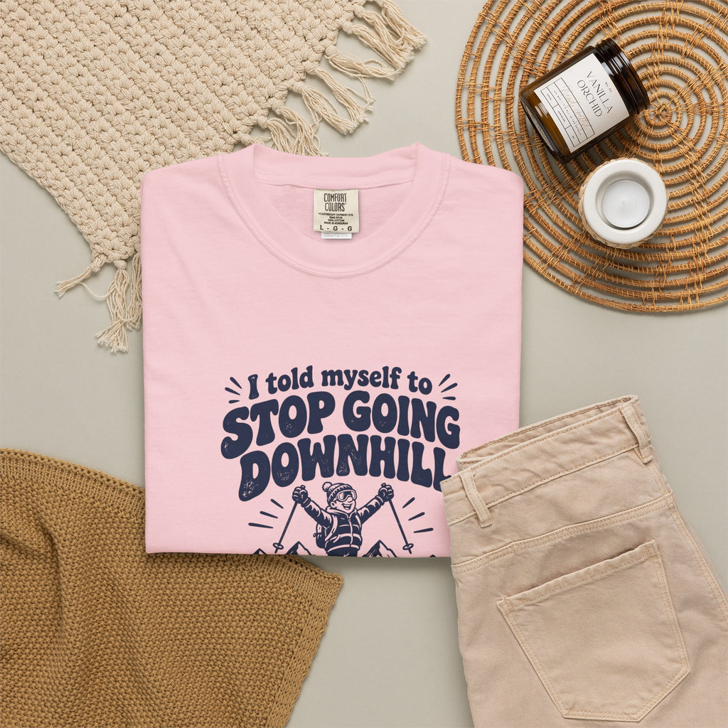 Going Downhill – Funny Ski & Snow T-Shirt – Bad Advice Club product mockup