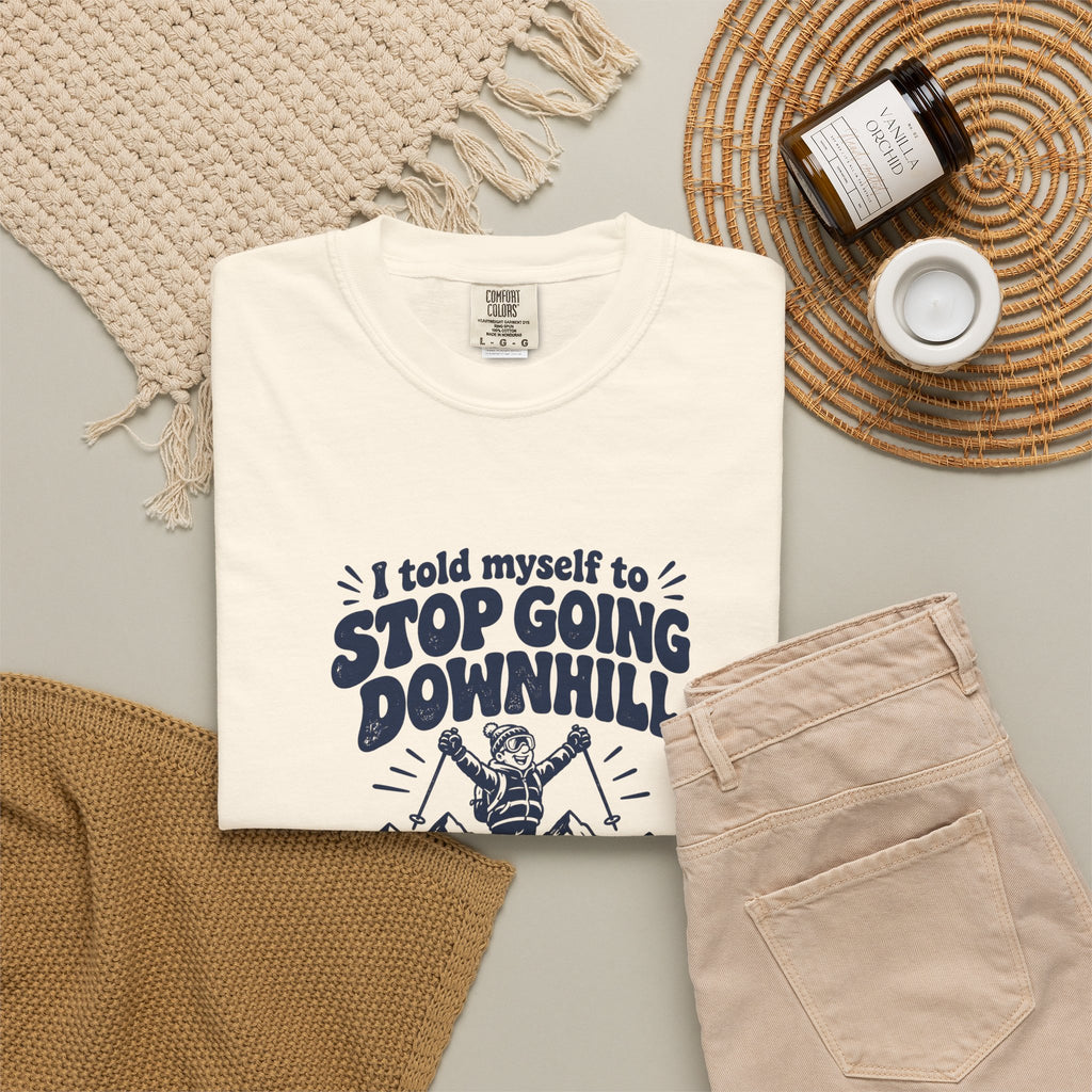 Going Downhill – Funny Ski & Snow T-Shirt – Bad Advice Club product mockup