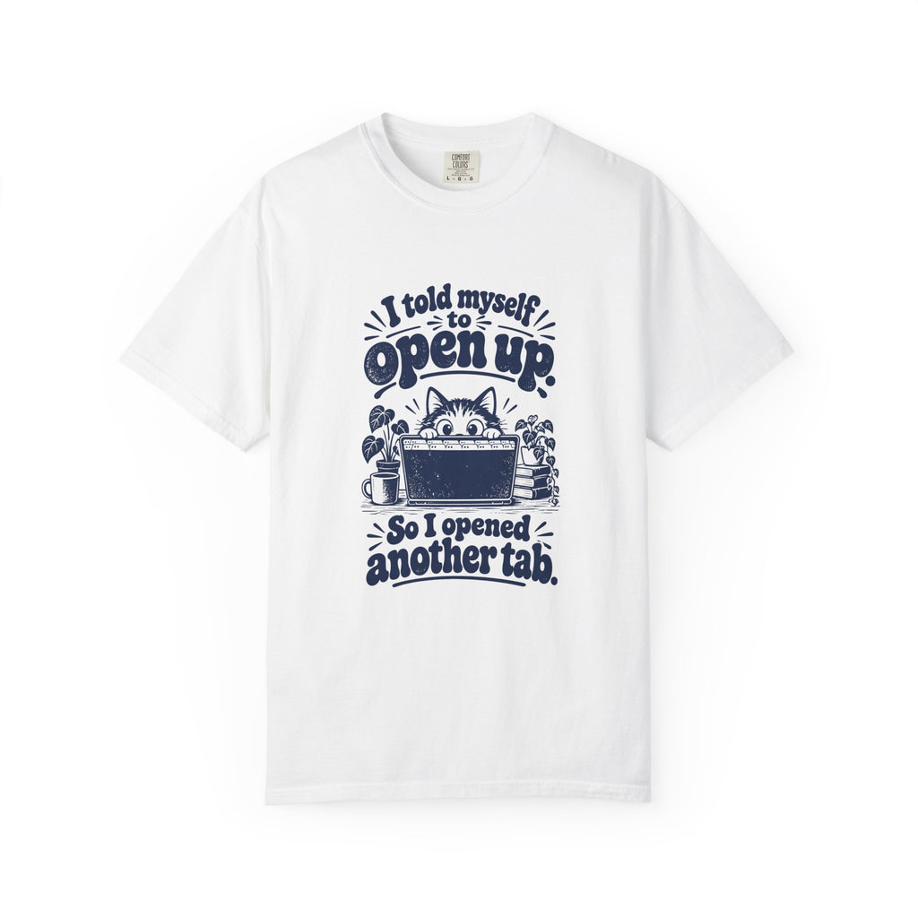 Open Up – Funny Social Battery T-Shirt – White – Bad Advice Club product mockup