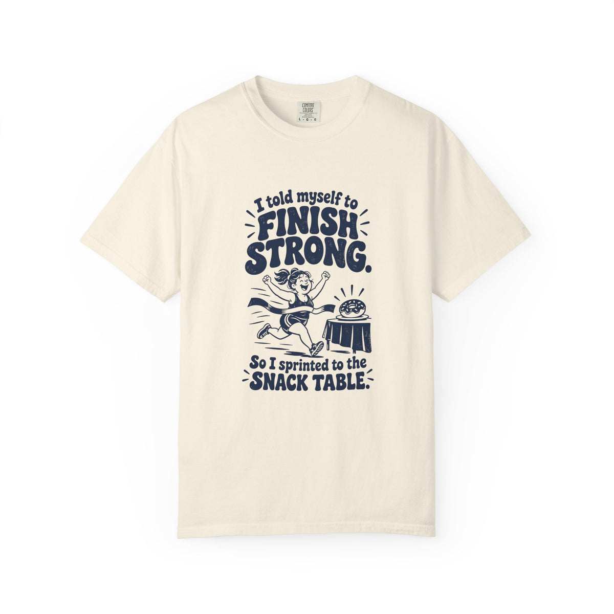 Finish Strong – Funny Running T-Shirt – Ivory – Bad Advice Club product mockup