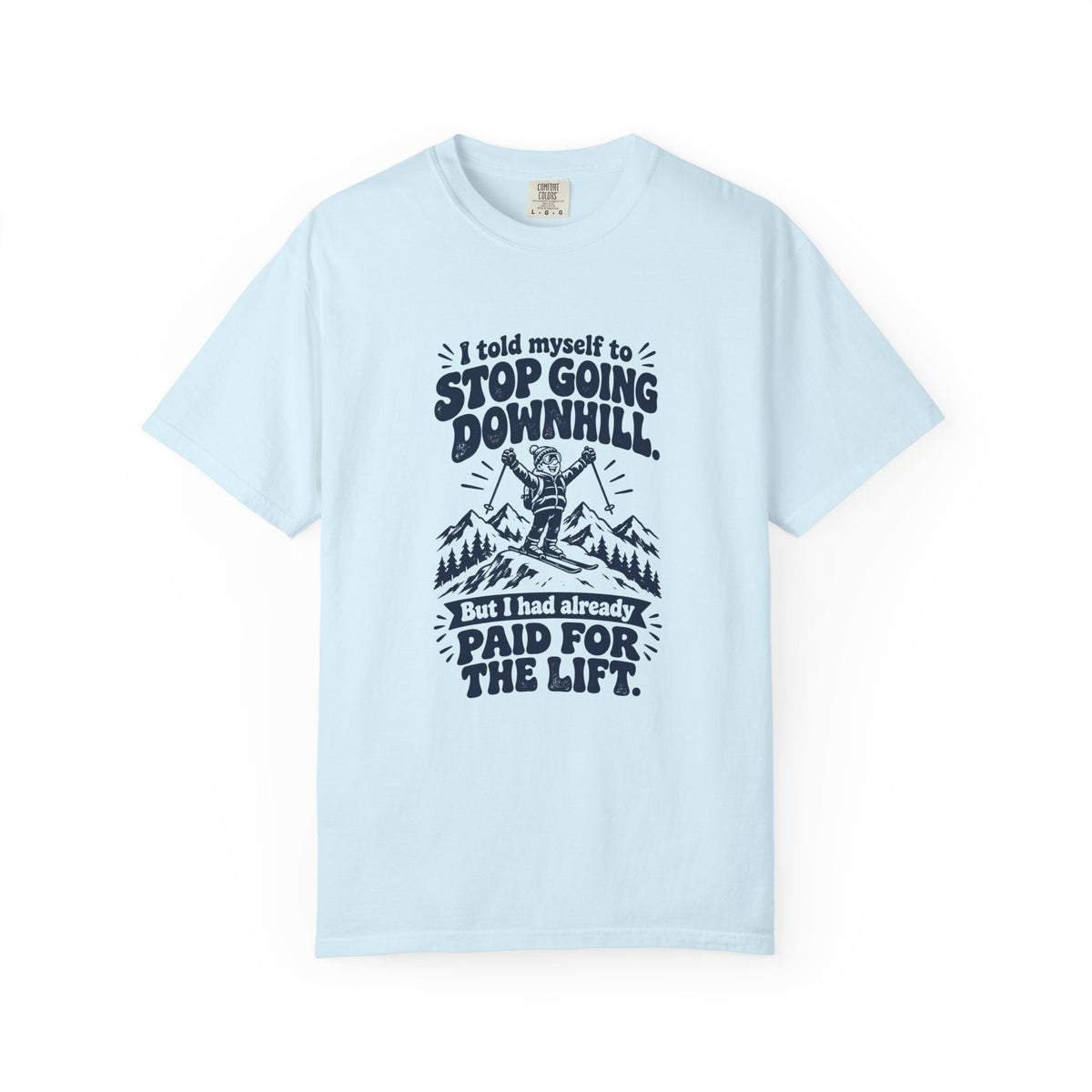 Going Downhill – Funny Ski & Snow T-Shirt – Chambray – Bad Advice Club product mockup