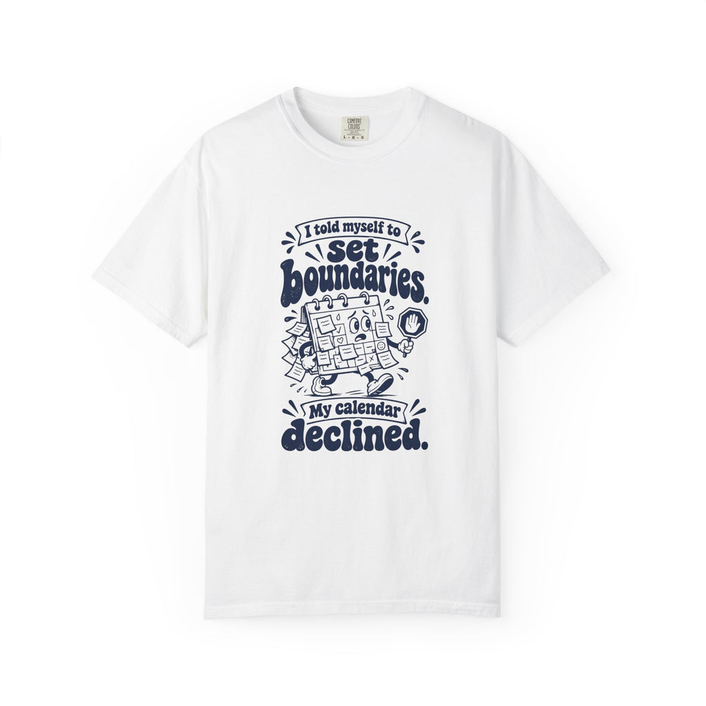 Set Boundaries – Funny Work & Procrastination T-Shirt – White – Bad Advice Club product mockup