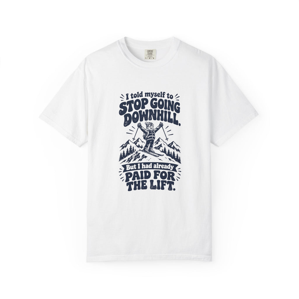 Going Downhill – Funny Ski & Snow T-Shirt – White – Bad Advice Club product mockup