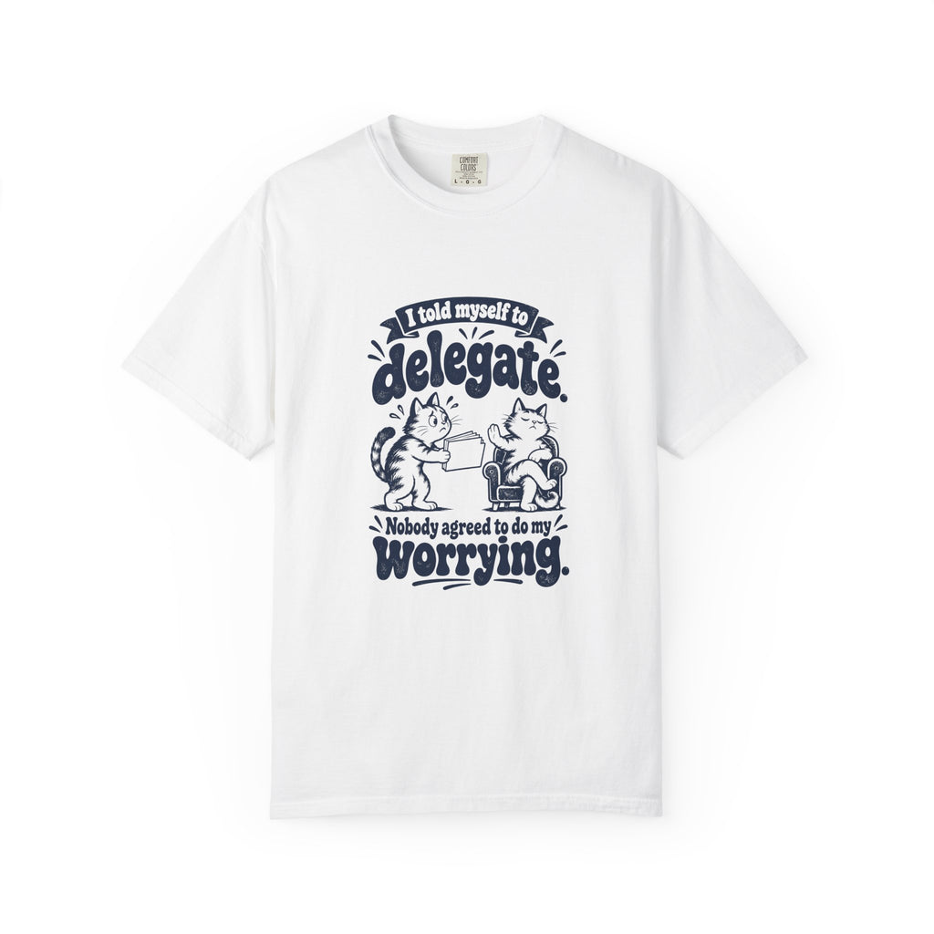 Delegate – Funny Work & Procrastination T-Shirt – White – Bad Advice Club product mockup