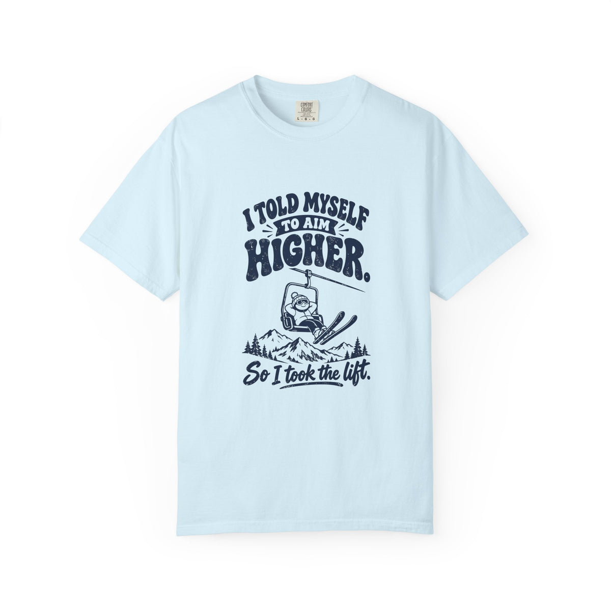 Aim Higher – Funny Ski T-Shirt – Chambray – Bad Advice Club product mockup