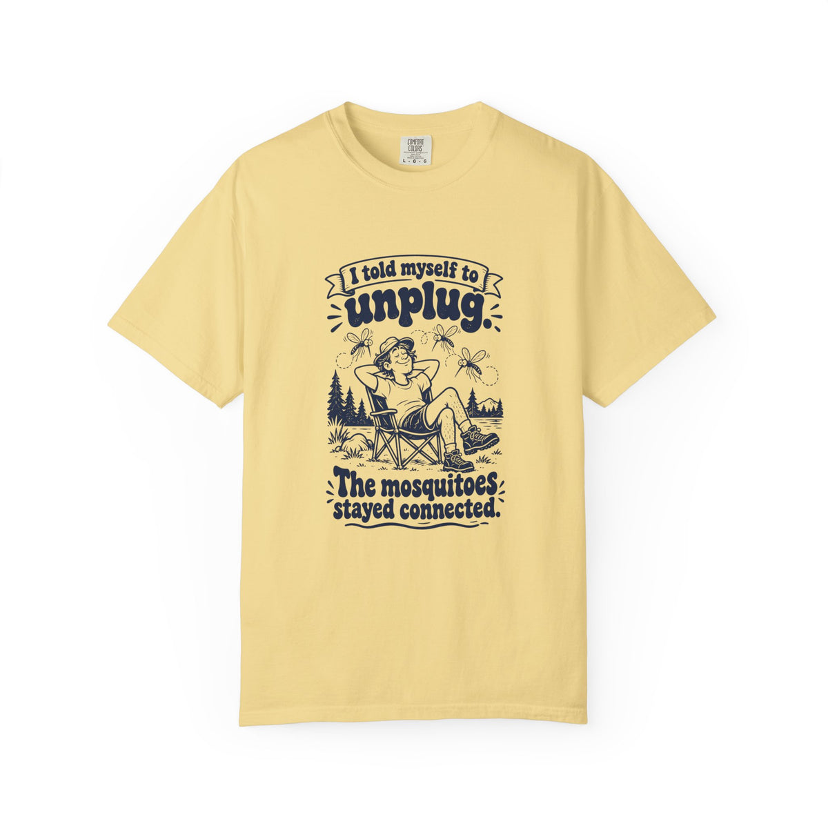 Unplug – Funny Outdoor Escapes T-Shirt – Butter – Bad Advice Club product mockup