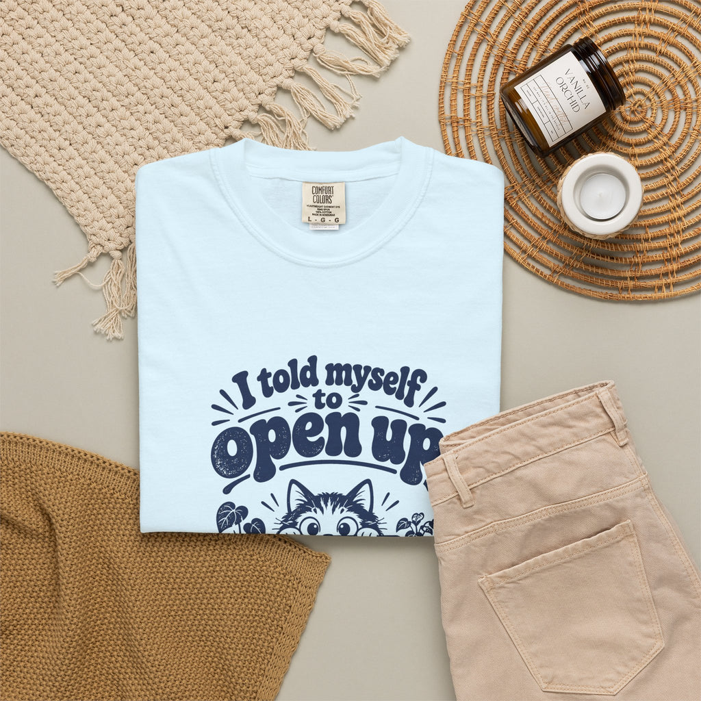 Open Up – Funny Social Battery T-Shirt – Bad Advice Club product mockup