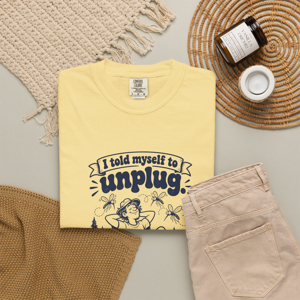 Unplug – Funny Outdoor Escapes T-Shirt – Bad Advice Club product mockup