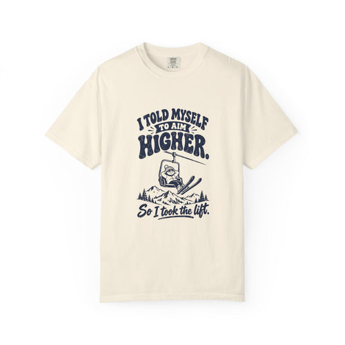 Aim Higher – Funny Ski T-Shirt – Ivory – Bad Advice Club product mockup