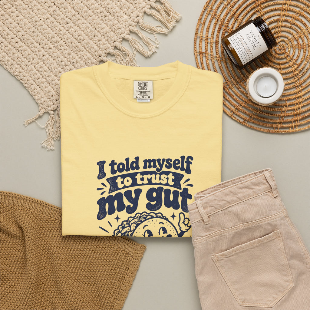 Trust My Gut – Funny Food & Coffee T-Shirt – Bad Advice Club product mockup