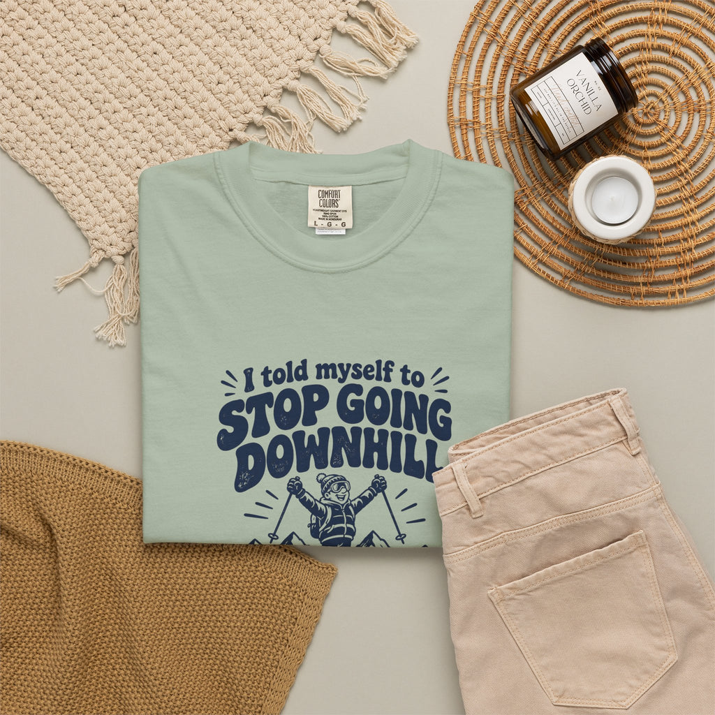 Going Downhill – Funny Ski & Snow T-Shirt – Bad Advice Club product mockup