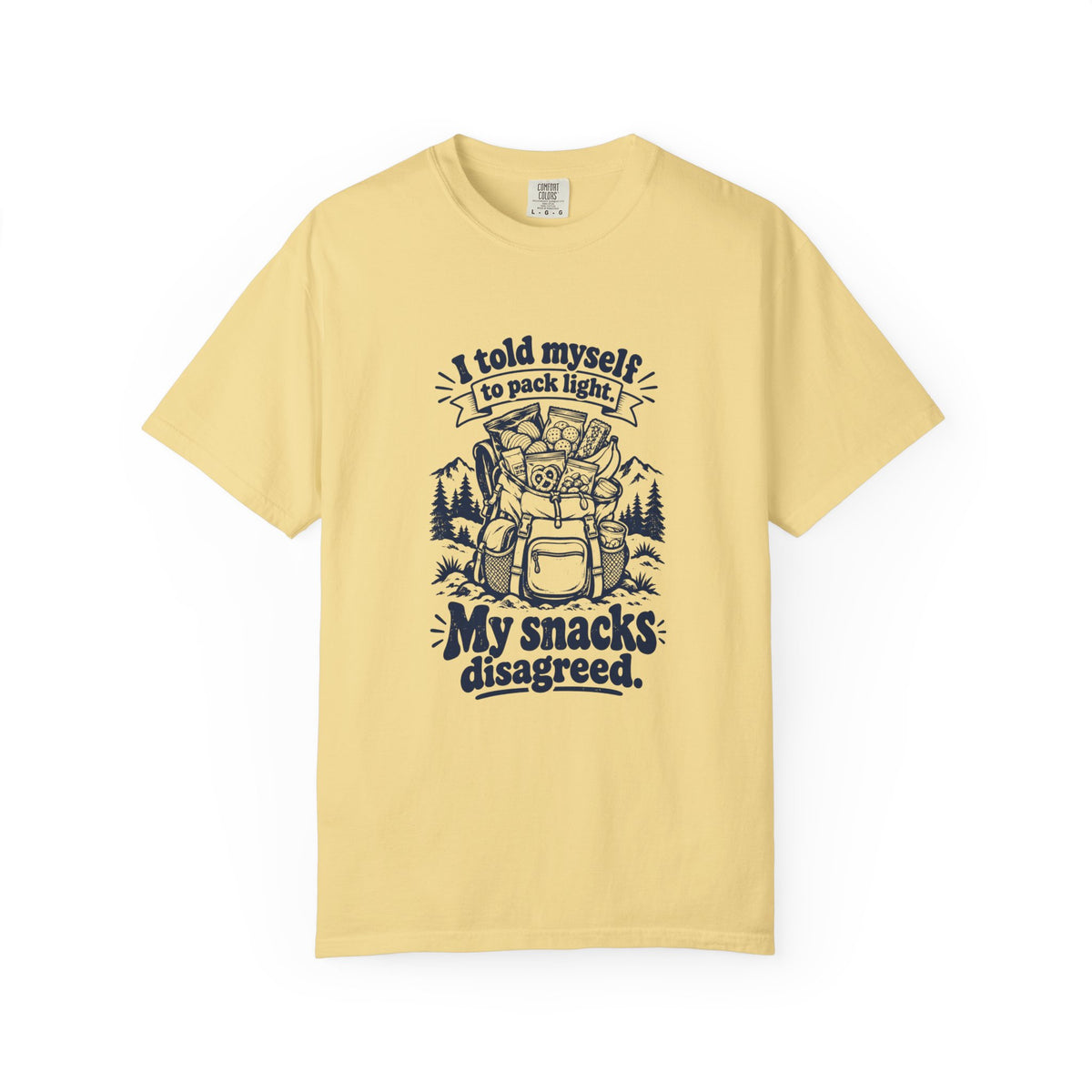 Pack Light – Funny Outdoor Escapes T-Shirt – Butter – Bad Advice Club product mockup