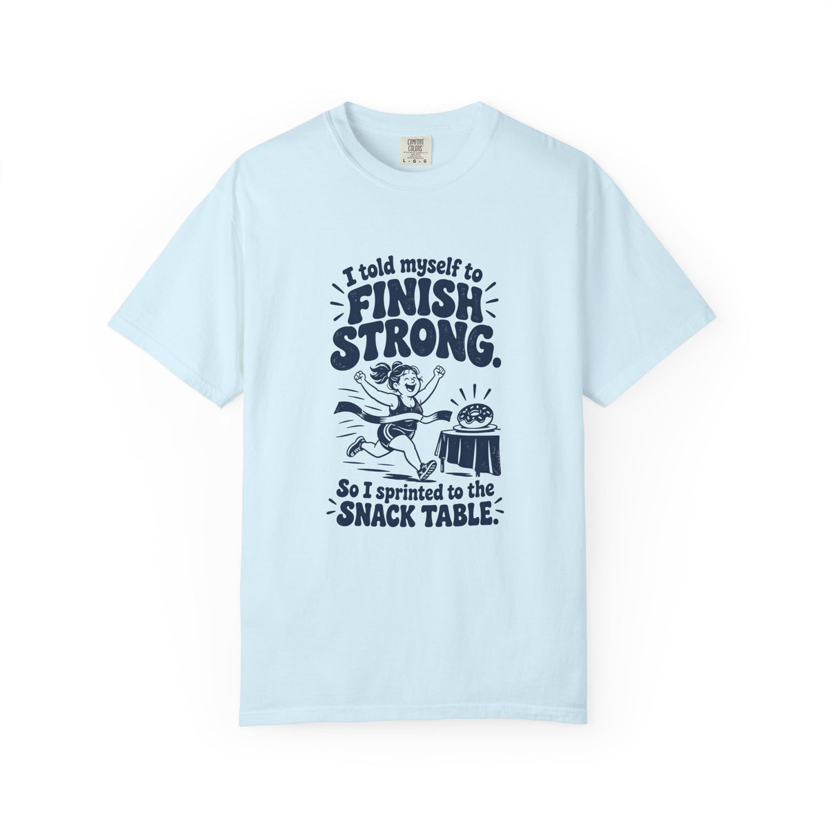 Finish Strong – Funny Running T-Shirt – Chambray – Bad Advice Club product mockup