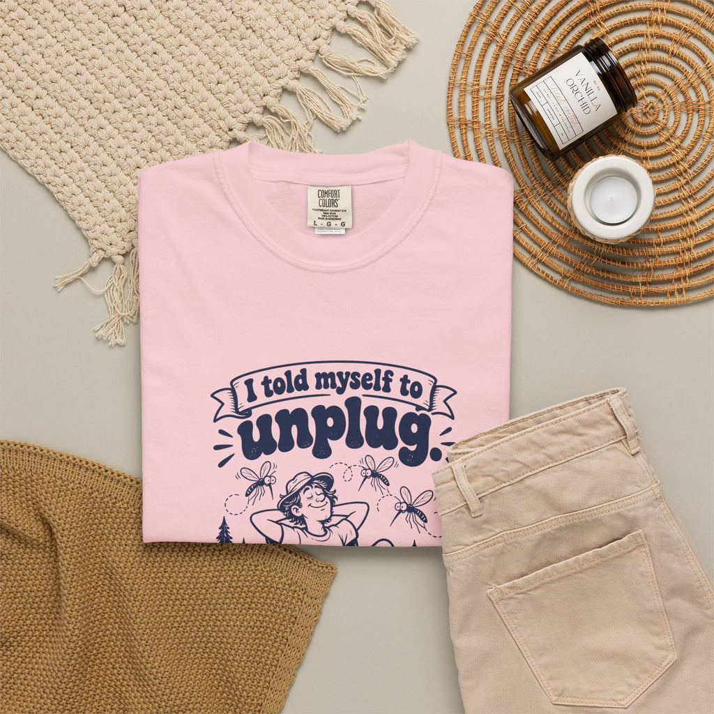 Unplug – Funny Outdoor Escapes T-Shirt – Bad Advice Club product mockup